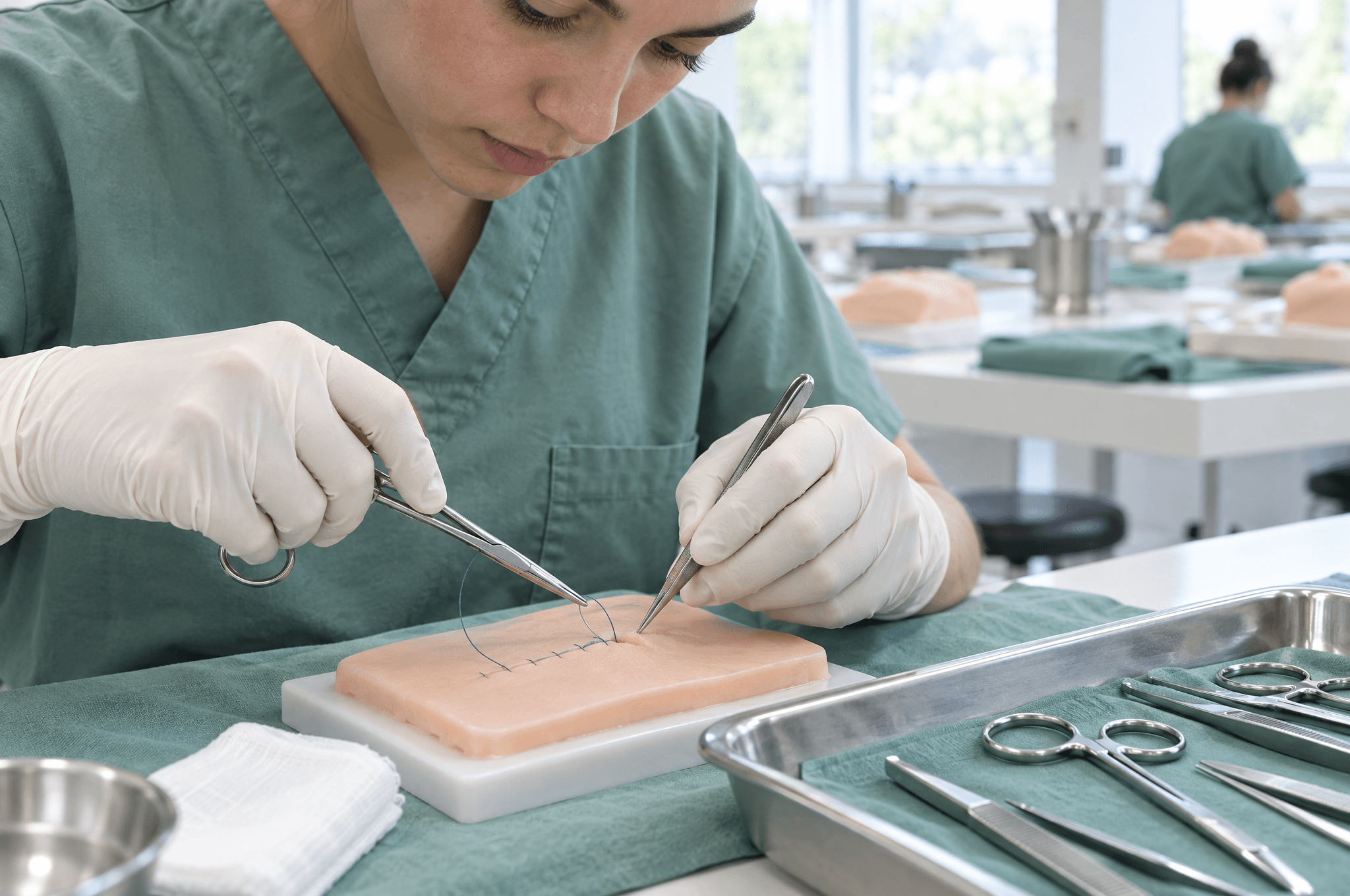 Medizinstudentin übt eine chirurgische Naht im Skills Lab