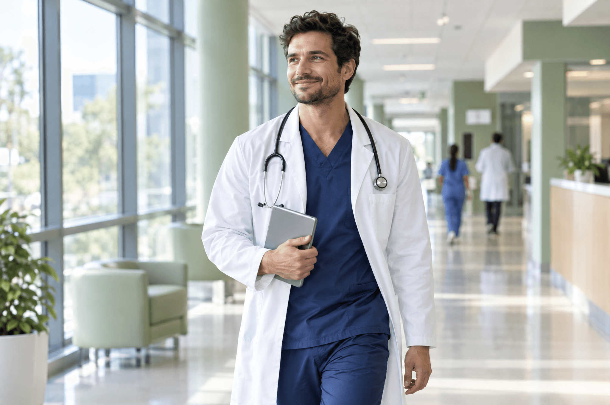 Facharzt mit Tablet im Klinikflur