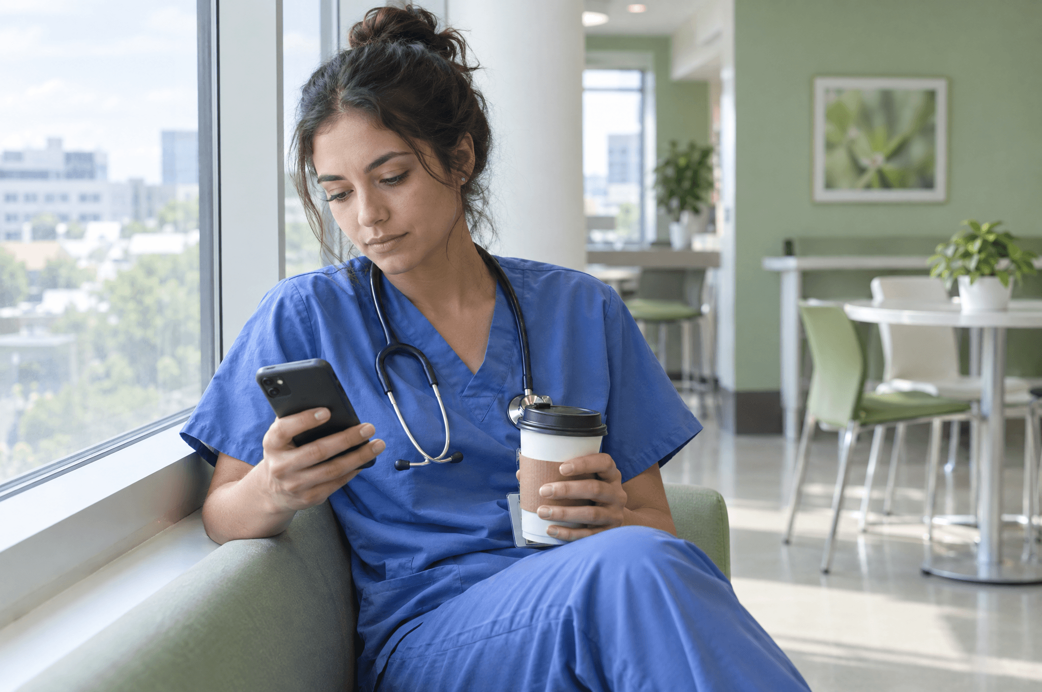 Assistenzärztin im Pausenraum mit Smartphone