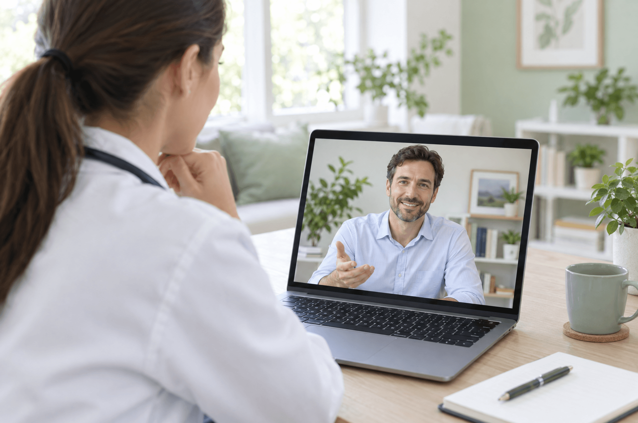 Ärztin im Video-Erstgespräch mit einem Berater