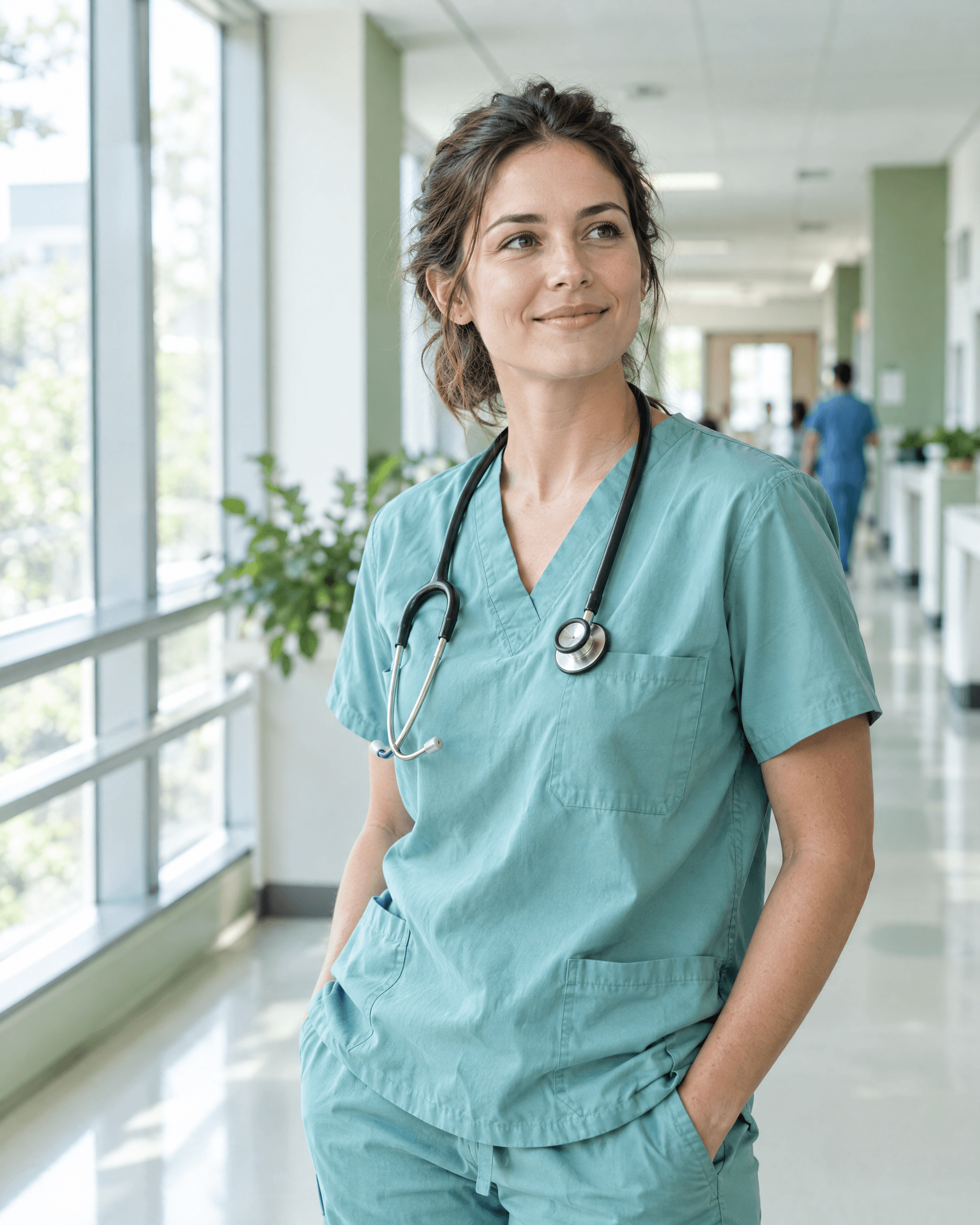 Junge Assistenzärztin im hellen Klinikflur