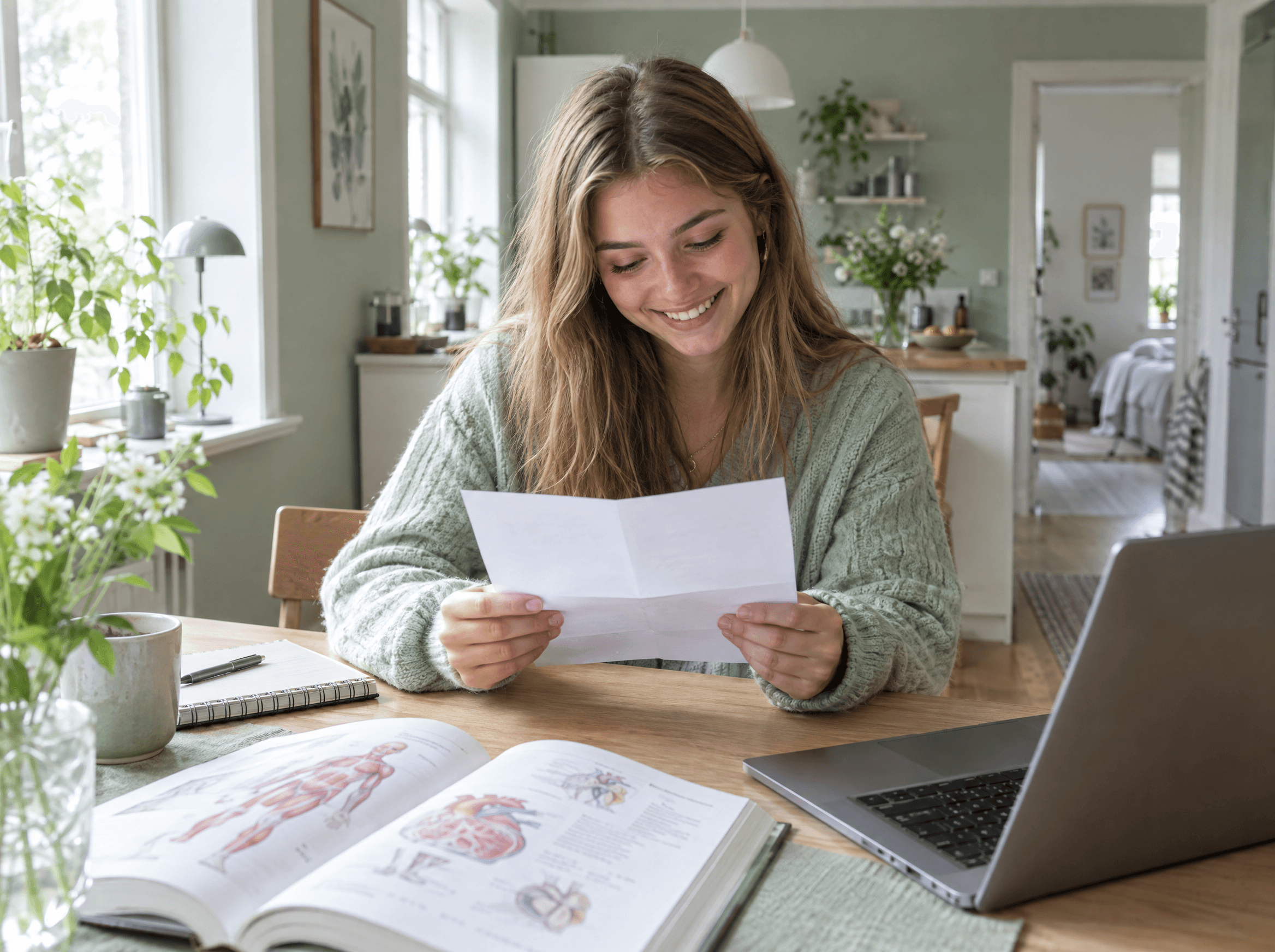 Angehende Medizinstudentin am Küchentisch mit Laptop und Anatomiebuch
